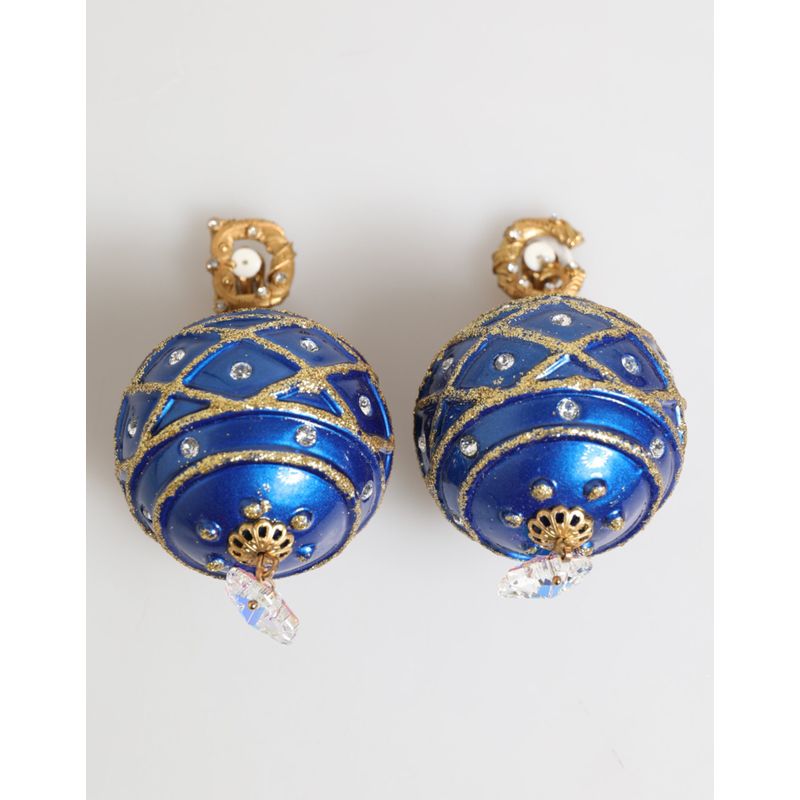Dolce Gabbana Gold Brass Blue Christmas Ball Crystal Drop Clip On Womens 676$